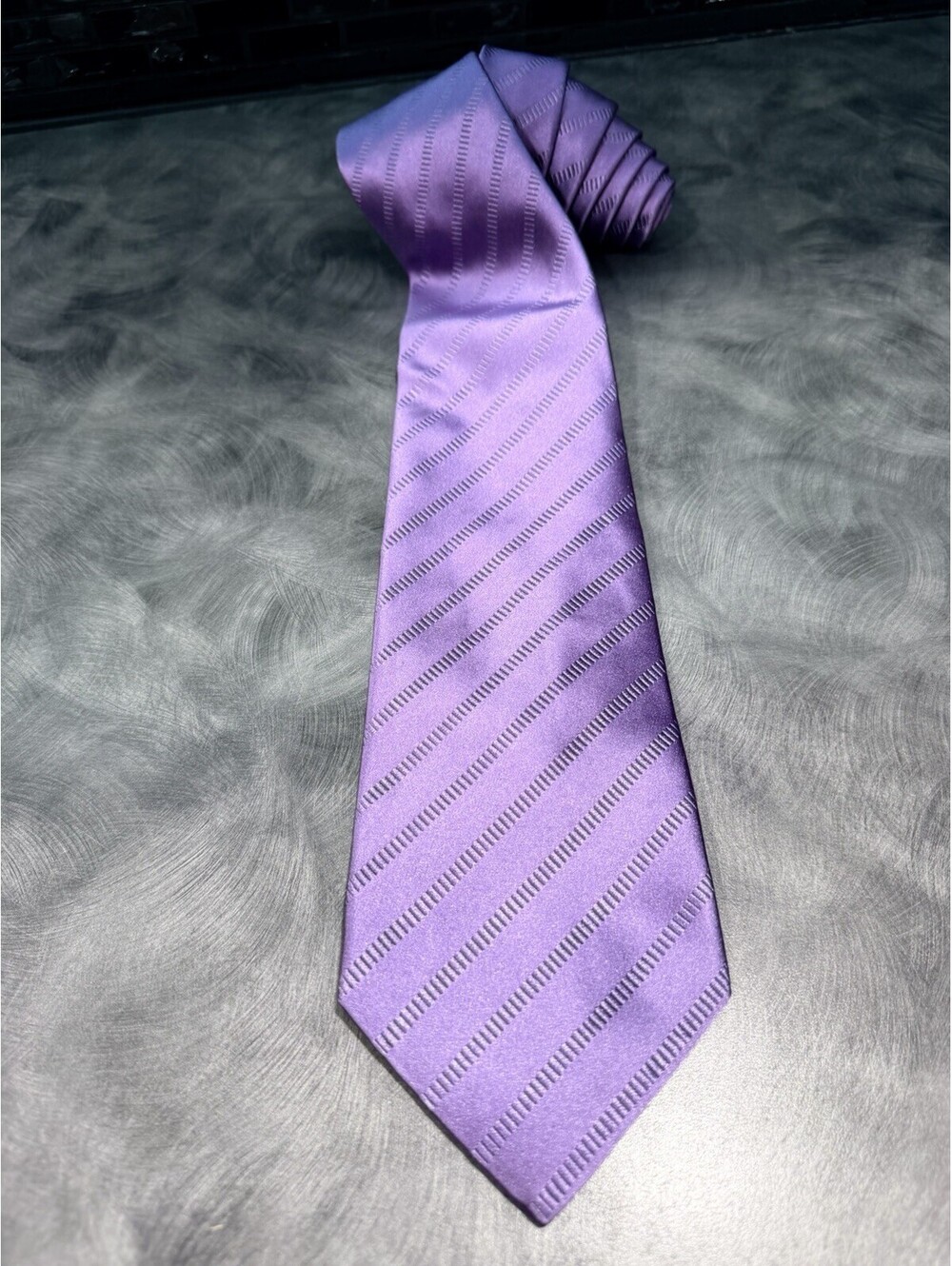 Sarar Tie Purple Etched Slanted Stripes 100% Silk Hand Made In Italy